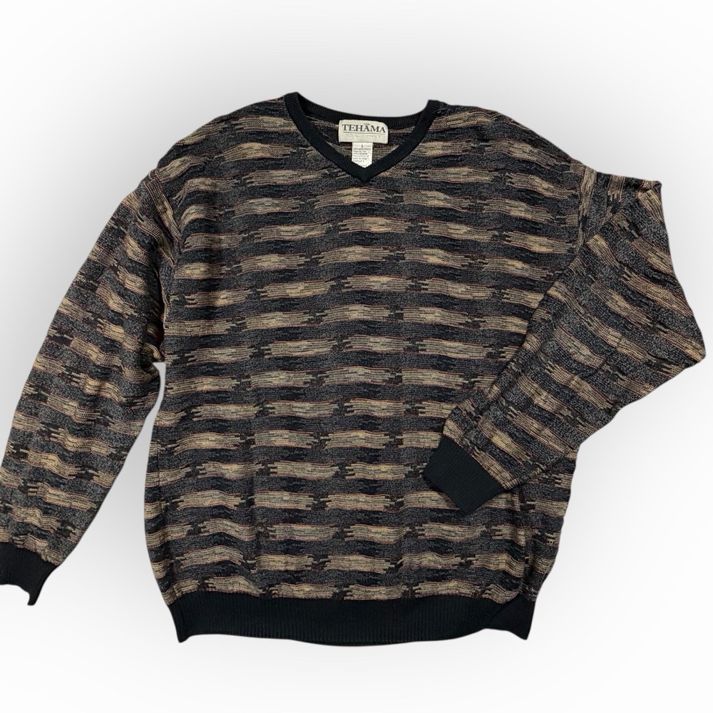 Tehama Clint Men's Large Pima Cotton Peru V-Neck Golf Sweater Southwest Patterns